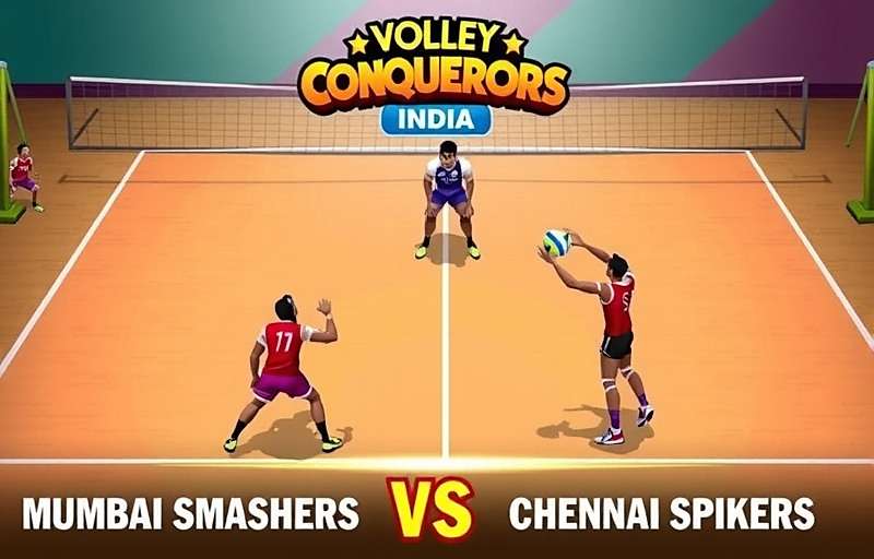 Volley Conquerors India gameplay showing an intense volleyball match between Mumbai Smashers and Chennai Spikers