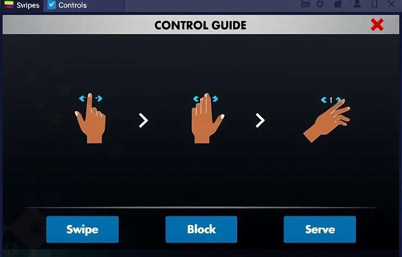 Volley Conquerors India control guide showing swipe gestures for different moves like spike, block and serve