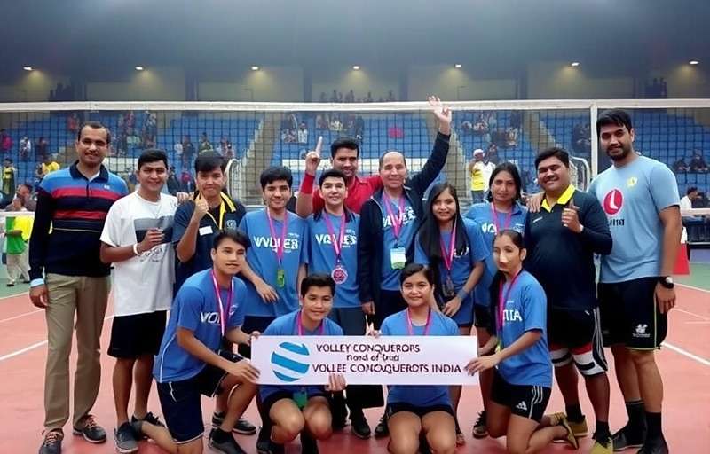 Volley Conquerors India national tournament finals with a packed stadium celebrating the winning team