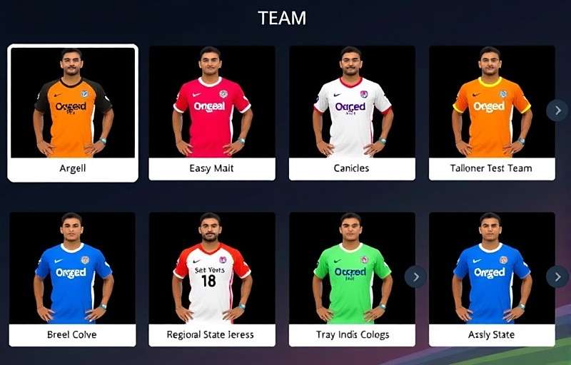 Volley Conquerors India team selection screen featuring various Indian state teams with regional jerseys